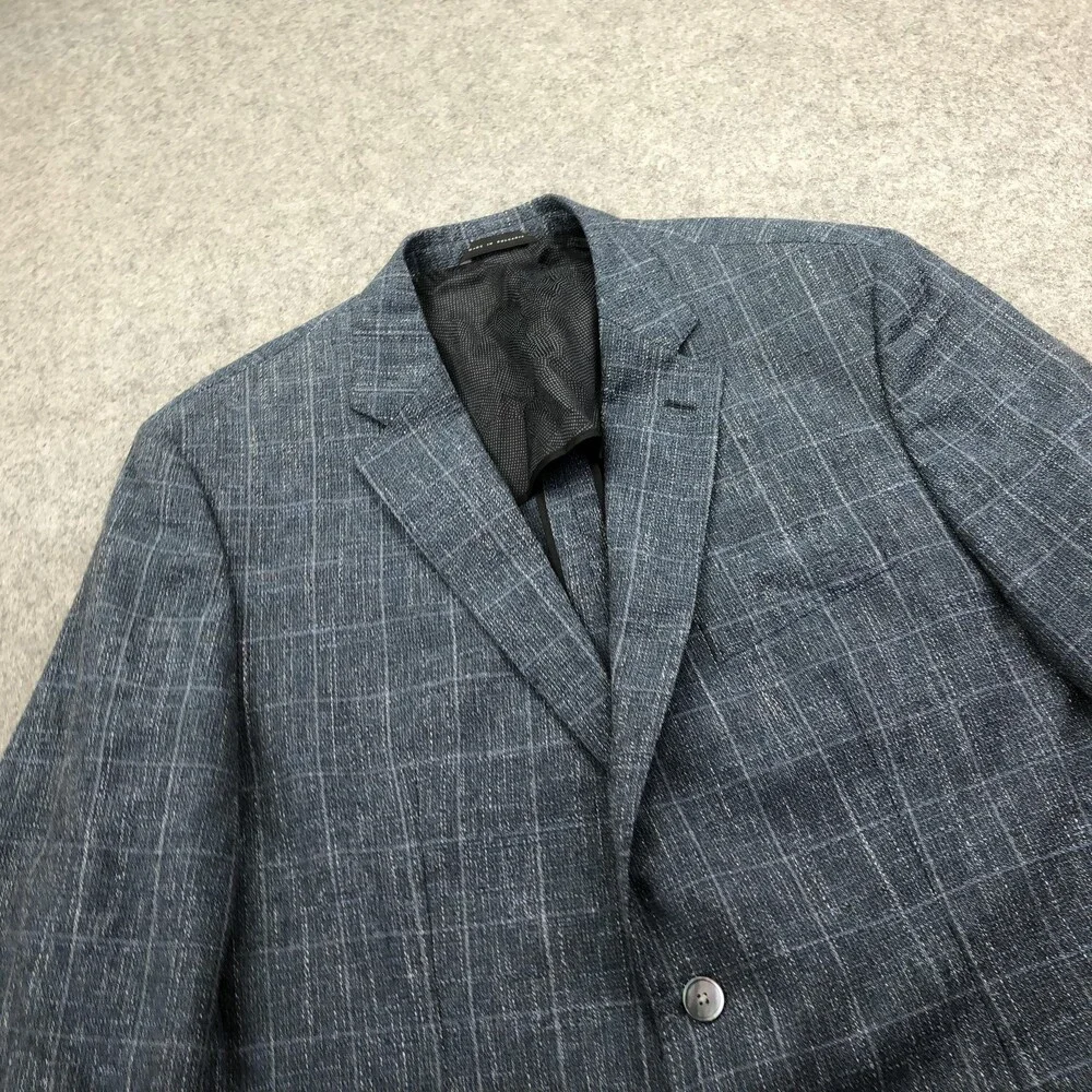 Hugo Boss Blazer Mens 46 Blue Check Tweed Wool Cotton Linen Sport Coat Jacket